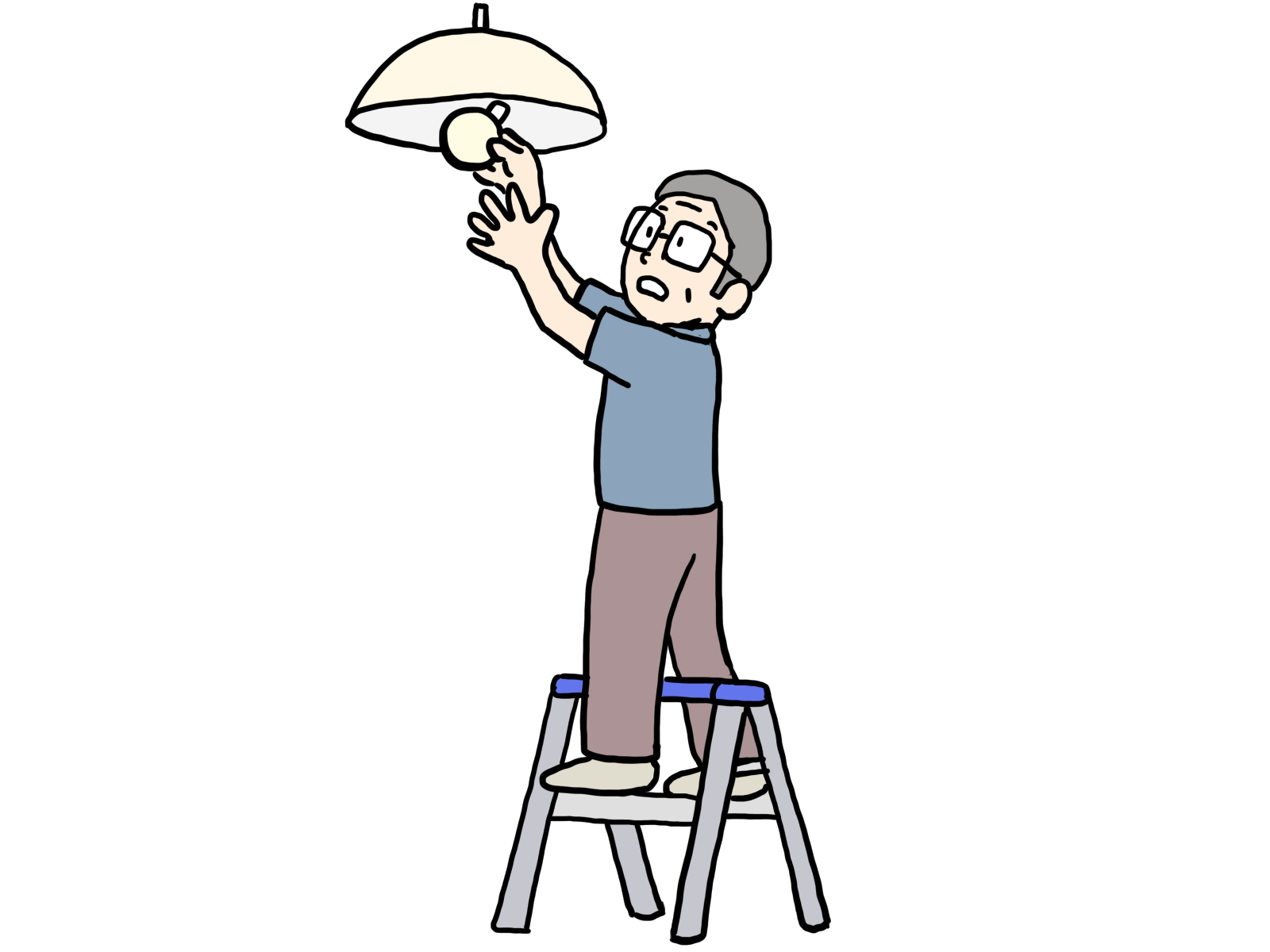 脚立に乗って電球交換をしようとして不安を感じている様子のイラスト