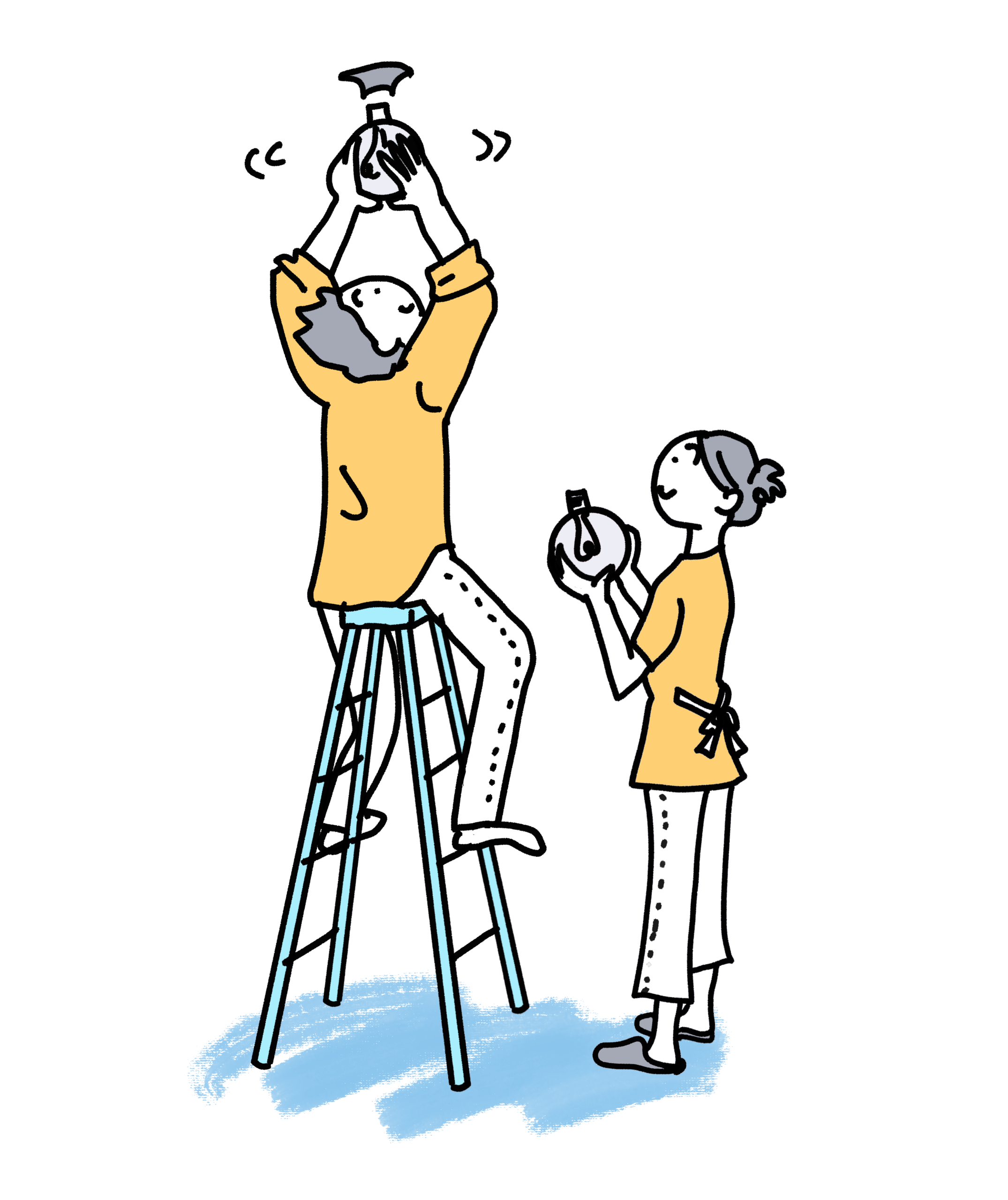 家の中の作業で高い場所に手が届かず、不安を感じている様子を表したイラスト